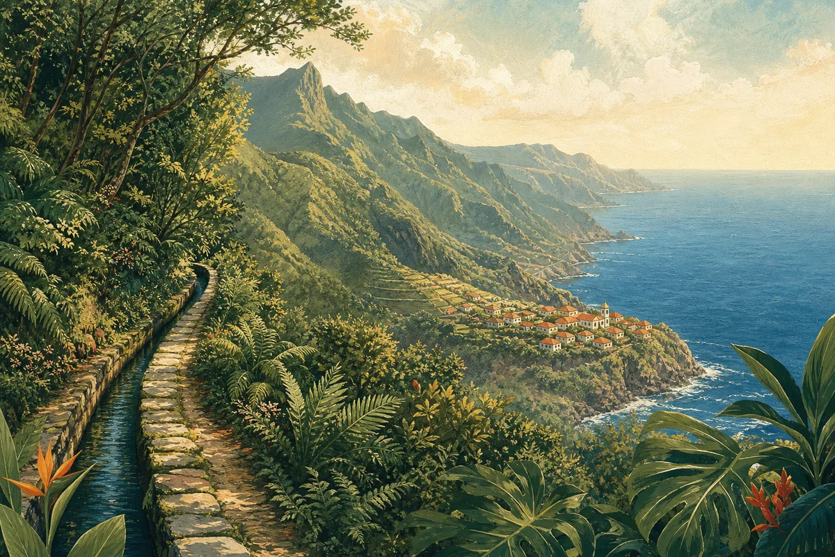 Illustrated Madeira landscape with a levada path, green mountains and an Atlantic coastal village